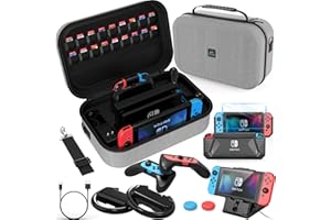 Mooroer Accessori Kit per Nintendo Switch, 12 in 1 Custodia per Nintendo Switch con TPU Cover Switch,PlayStand,Joycon Grip, Pellicole Protettive,Custodia Protettiva,Thumb Grip,Cavo di Ricarica,Grigio