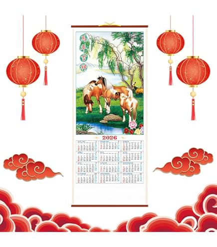 ARTIBETTER Chinesischer Wandkalender 2026, Tierkreis-pferdejahr, Rattan-schriftrolle, Monatsplaner Für Büro, Zuhause, Restaurant, Supermarkt, Für Neujahrsdekorationen