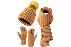 FISFET Mütze, Schal & Handschuh-Sets für Damen, Beanie Mütze Damen Winter mit Bommel Fleece Gefütterte, Touchscreen Handschuhe Schal Wärmer Mütze Damen 3 in 1 Set