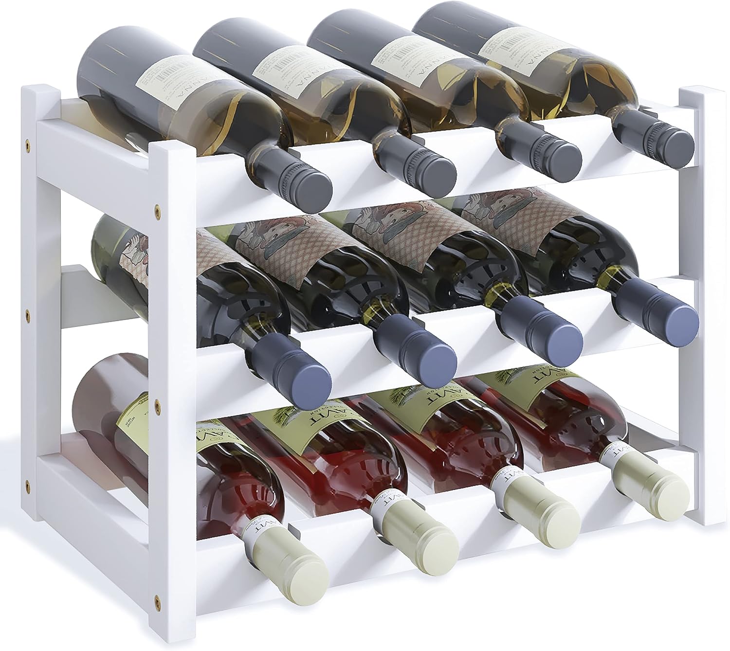 SMIBUY Botellero de bambú, Soporte para 12 Botellas, estantes de Almacenamiento Independientes de 3 Niveles para Cocina, despensa, Bodega, Bar (Blanco)