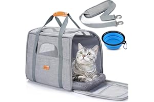 Morpilot Sac Transport Chat, Sac Transport Chien Respirant et Pliable, Caisse de Transport Chat avec Bandoulière Réglable, Cage Transport Chat avec Matelas en Peluche Amovible+Bol