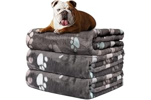 Rezutan 3 Pack Grey Dog Blankets for Medium Small Dogs,Washable Fleece Dogs Blanket,Paw Bone Print,Soft Pet Blanket for Dog,Cat,Puppy Blankets Throw for Kennel Crate Bed,Gray,76X52CM