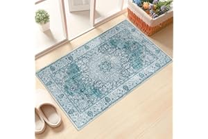 Taleta KALU Door Mats Indoor Washable Small Rug Blue Non-slip Thin Doormats Inside for Entryway Soft Entrance Rugs Vintage Short Pile Floor Mat for Hallway Bedroom (Blue, 50 x 80 cm)