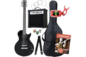 Set Completo Rocktile Single Cut Pack Power Chitarra Elettrica Nera (Amplificatore, Accordatore, Custodia, Cavo, Tracolla, Plettro, Corde di Ricambio e Scuola con CD/DVD)