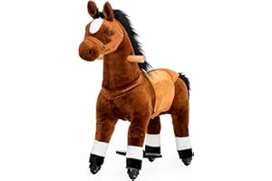 PONYEEHAW Reitpferd für Kinder ab 3 mit Rollen, Horse Toy Ride, Spielpferd zum Reiten Stehpferd Groß aus Metall und Plüsch Pferde Spielzeug zum Reiten mit Schabracke und Zaumzeug (Braun, Klein)
