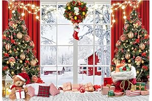 MIRRORANG 3x2,5m Toile de Fond de noël Hiver Rideaux Rouges fenêtre Blanche Arbre de noël Couronne Photographie arrière-Plans Veille Vacances fête de Famille bannière, Vinyle