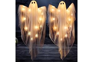 JOYIN 2 st 90 cm halloween upplyst hängande spökdekoration utomhus med varmt LED-ljus, halloween flygande hängande spöken för spökhus rekvisita, trädgård uteplats fest dekor inomhus utomhus