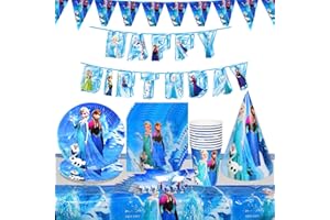 LEMOTOY Forniture Feste Compleanno Fro-z-en, 59Pcs Kit Stoviglie per Feste Fro-zen, Compresi Piatti, Asciugamani di Carta, Tovaglie, Bicchieri di Carta, Cappelli Triangolari, Gagliardetto, Bende Sull'occhio