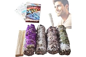 SamayZen - Kit Salvia Bianca per Bruciare viola sinuata - Yerba Santa - Lavanda - Cedro - Bastone Sacro Santo - Legato per meditare e rilassarsi - Incenso naturale - Rituale Pulizia energetica Smudge