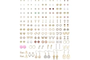 LOLIAS 90 Paires Acier Inoxydable Boucles D'oreilles pour Femmes Hommes Multipack Simple Mignon Bar Étoile Lune Triangle Fleur Arc CZ Boule Faux Perle Piercing Oreille Ensemble