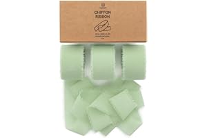 Vitalizart Nastro di seta chiffon verde salvia 2,5 cm x 20 m con frange pacchetto (3 rotoli x 7 m) per inviti di nozze, bouquet da sposa, decorazioni, regali, confezioni e fiocchi