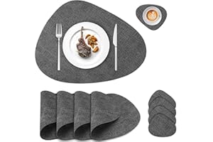 BEIJIE Leather Placemats and Coaster Sets 4, Dual Sided Black Table Mats 42x34 cm, Heat Resistant Non Slip Mat for Home Dining Kitchen Indoor Outdoor Garden Party, Easy to Clean Wipeable Washable Place Mats