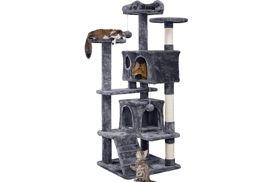 Yaheetech 138.5cm Cat Tree Tower Scratching Posts Multilevel Cat Climbing House with Condos & Ladder Pet Activity Centre for Indoor Kittens, Dark Grey