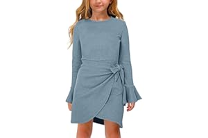 Haloumoning Vestidos de niña manga larga volantes vestido de punto cuello redondo niños elegante vestido midi monocolor