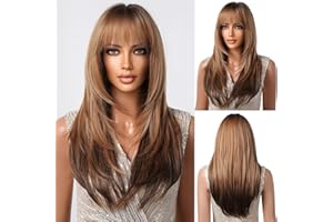 OUFEI Marrone Omber Parrucca Bionda Scura con Frangia per Le Donne Lungo Dritto Layered Parrucche Sintetiche per Usura Quotidiana Party Cosplay