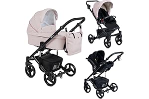 EMJOT Poussette Combinée Trio 3 en 1 Neri "Smooth" – Rose Pastel - Landau, poussette promenade, siège auto "i-Size" Groupe 0+ - Livrée avec ses accessoires.