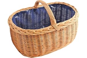 FORYOURPROTECTION YULKA Einkaufskorb Weide 51cm | Weidenkorb geflochten mit Henkel und Innenfutter, Muster: dunkelblau mit Punkte