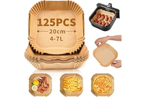 Foenwoen Papier Cuisson Air Fryer 20cm, 125Pcs Papier Air Fryer Carrée Antiadhésif Résistant à l'huile et à l'eau, Air Fryer Accessoires, Papier Sulfurisé pour Air Fryer, Micro-ondes, Four, Vapeur
