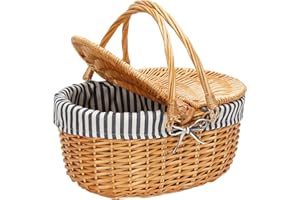 BIRDSINYARD Weide Picknickkorb mit Deckel, Weidenkorb mit Henkel und & Liner, Handgefertigtes Einkaufskorb Geflochten Wicker Picknick Korb für 2 Personen für Einkaufspicknick (Gestreift)
