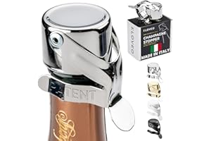 KLOVEO Champagnepropp - Patenterad Champagnekork - Tillverkad i Italien | Passar 750 ml flaskor, ingen tryckpump behövs, håller bubblor fräscha 3-5 dagar, BPA-fri, lättlåst rostfritt stålklämma