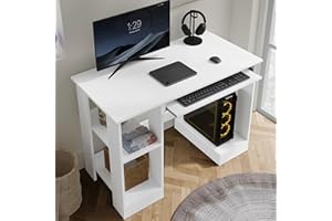 Blisswood Home Office Desk, White Computer Desk With Shelves & Sliding Keyboard Tray PC Laptop Table For Writing Workstation Bedroom Study Furniture (100 x 55 x 75CM)