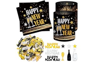 BOYATONG 20 Stück Servietten Silvester+ 12 Windlicht Tischdeko + 500 Konfetti Streudeko Schwarz Gold, Silvester Deko 2026, Happy New Year Decoration Geschenke, Neujahrsgeschenke, Silvesterdeko Party Set