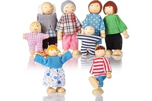 Jzszera Dolls House People Family of 8 Wooden Figure Set, Small Wooden Dolls Toys for Children Girls