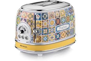 Ariete Toaster 155 Positano, Style Méditerranéen, 2 Fentes Larges, 6 Niveaux de Brunissement avec Ejection Automatique, Bac à miettes, Fonctions de Grillage, Chauffage et Décongélation, 810W