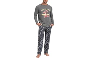Jahetuul Pijama Hombre Invierno de Algodón con Cuello Redondo Conjunto de Ropa para Dormir Pijama Largo Hombre con Estampado Pijamas y Ropa de Estar en Casa