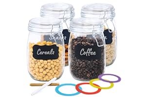 LG Luxury & Grace 4 Tarros de Cristal Herméticos 1 L. Botes de Vidrio con Clip Inoxidable. Con Anillas de Silicona. Conservas y Almacenamiento. Incluye Juntas de Repuesto + Etiquetas y Rotuladores.