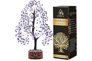 FASHIONZAADI Amethyst Gemstone Bonsai Money Chakra Tree Feng Shui Crystal Chakras Stone Healing Crystals Trees Good Luck Home Office Table Décor Health Prosperity Size 10-12 inch (Silver Wire)