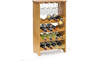 Relaxdays Scaffale per 16 Bottiglie di Vino, Portabottiglie, 84x24x50 cm, Cantinetta in bambù, Calici, Legno Naturale