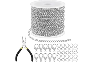 Tanstic 102Pcs 30 Feet Jewelry Making Chains Necklace Chains Bulk Cable Link Chain with 50Pcs Jump Rings, 50Pcs Lobster Clasps, Pliers for Bracelet Necklace Making(White)