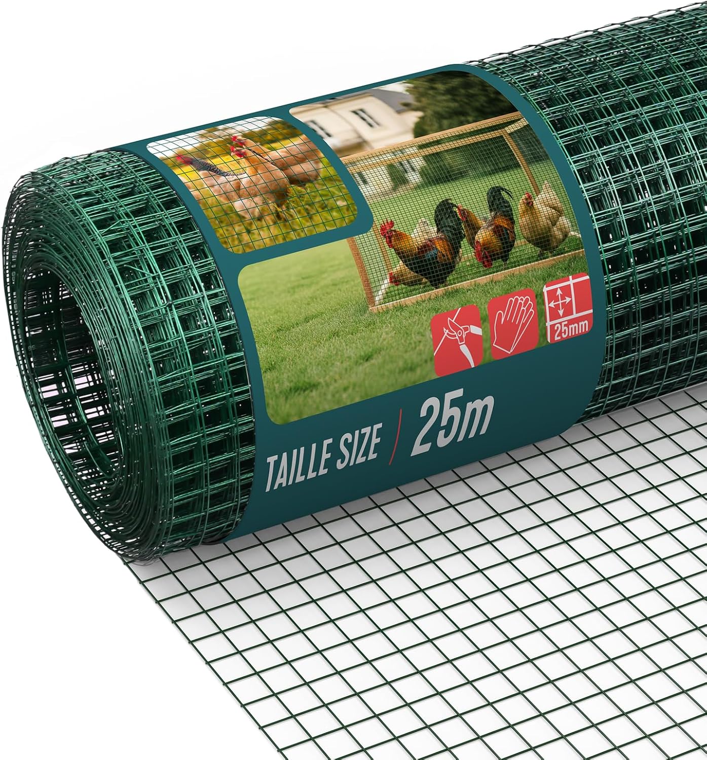 VOUNOT® Malla de Alambre Soldada Rollo de Malla Metálica Electrosoldada 1x25m Revestimiento PVC Agujero 25x25mm Ø Alambre 1mm Valla Gallineros para Jaulas de Conejos Jardín Roedores Pequeños Verde