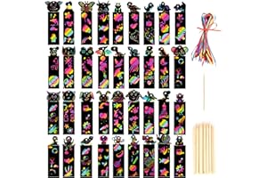 YAFE 36 Pcs Scratch Art Party Bags Fillers for Kids, Animal Craft DIY Scratch Art Rainbow Bookmarks with 36 Colorful Ropes and 36pcs Wooden Stylus for Boys Girls Classroom Birthday Gifts