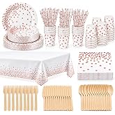 226 Pieces White Rose Gold Tableware Party Birthday Plates and Tumbler Children's Birthday Tableware Set Parties Dishes Dispo