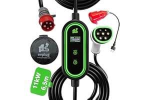 EVPLUG® Chargeur de Voiture électrique 11 KW 6-16 A 6,5 mètres, EV Type 2 avec Prise CEE triphasée, Portable avec Affichage numérique contrôlable + Adaptateur Schuko 16 A
