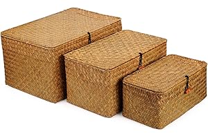 DOKOT Paniers de Rangement Jonc de Mer avec Couvercles Naturel Corbeille Osier 3 Pièces (Grand + Moyen + Petit)