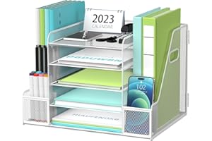 SUPTIDY Mesh Schreibtisch Organizer mit Aktenhalter, 5-Tier Papier Brief Tray Organizer mit Zeitschriftenhalter, Desktop Organizer und Lagerung mit Schublade für Bürobedarf Zuhause oder Schule, Weiß