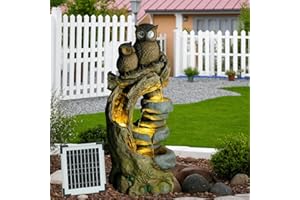 Bumilgar 87 CM Solar Outdoor Garden Water features, 3 Tier Cascading Wood Owls Waterfall Fountain with Lights for Garden, Patio, Backyard, Deck, Porch and Home Art Decor