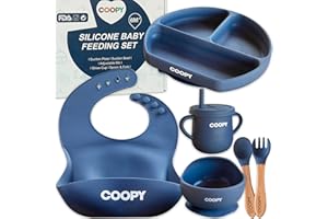 COOPY® Silicone Baby Weaning & Toddler Feeding Set | Plate & Bowl with Suction | Silicone Adjustable Bib, Sippy Cup, Bamboo Fork & Spoon | Microwave Safe & BPA Free | Easy to Clean | BLW (Dark Blue)