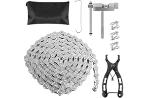 LZZ 6/7/8 Chaîne de vélo, plateaux 1/2 x 3/32 pouces 116 maillons, kit d'outils pour chaîne de vélo en acier inoxydable avec casse-chaîne, pince à chaîne de vélo et 3 paires de cadenas de chaîne