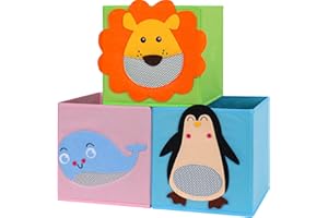 Lifenite Children's Fabric Boxes, Set of 3, Foldable Animal Storage Box, Fabric Toy Storage Box, Stand-Up Storage Box, for Living Room, Children's Room, Nursery, 27 x 27 x 27 cm