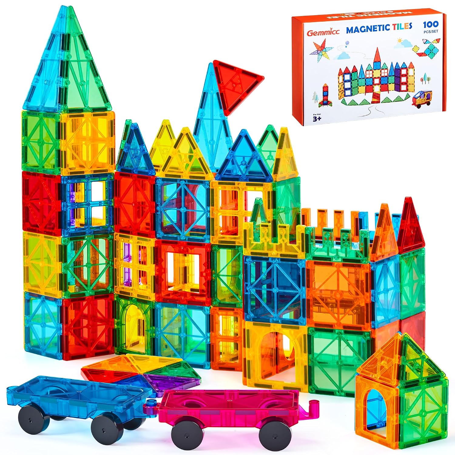 Gemmicc Baldosas Magnéticas 100 Piezas con 2 Coches, Juguete Educativo Stem, Bloques Magnéticos de Construcción para Niños y Niñas