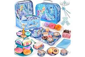 TACOBEAR Toddlers Tea Set Frozen Toys Gifts for Girls 3 4 5 6 7 Years Frozen Elsa Tin Tea Party Set & Luxury Food Playset & Carry Case Princess Tea Time Kitchen Pretend Play Toys Princess Gift for Kids Girls