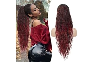 RUWISS Drawstring Ponytail Extension 26" Long Beach Wave Curly Ponytail Hair Extension Synthetic Natural Clip Pony Tail Fluffy Hairpiece for Women Daily Use Party,Wine Red