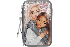 Depesche 13315 TOPModel My BFF - Gefüllte 3-Fach Federtasche in Grau und Rosa, mit Model Motiv und Glitzer, Federmappe mit Buntstiften, Schere, Lineal uvm.