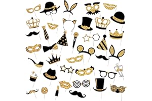 AURMONIGO Photo Booth Props Birthday Decorations - 40 Pieces Selfie Photobooth Accessories Black and Gold Theme Set for Funny Birthday Prom Graduation Festival Wedding Party Supplies
