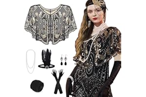 PLULON 10 Pièces Années 1920 Flapper Great Gatsby Ensemble d'Accessoires Mode Années 20 Ensemble à Thème avec Bandeau Bandeau Long Gants Noirs Collier Boucles d'Oreilles pour Femme