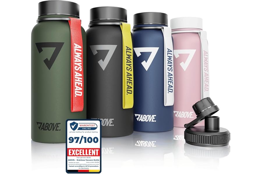 ABOVE. 1L Stainless Steel Insulated Water Bottle - BPA Free, Double Wall Insulated - Keeps 12h Hot and Cold 24h - 2 Caps Included for Sports and Outdoor I High Quality Gift Box (Olive)